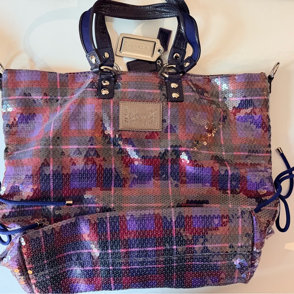 Authentic. Limited Edition. Coach Sequined Plaid Tote in Purple, Pink and Navy